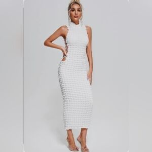 White Textured Puff Side Tie Dress